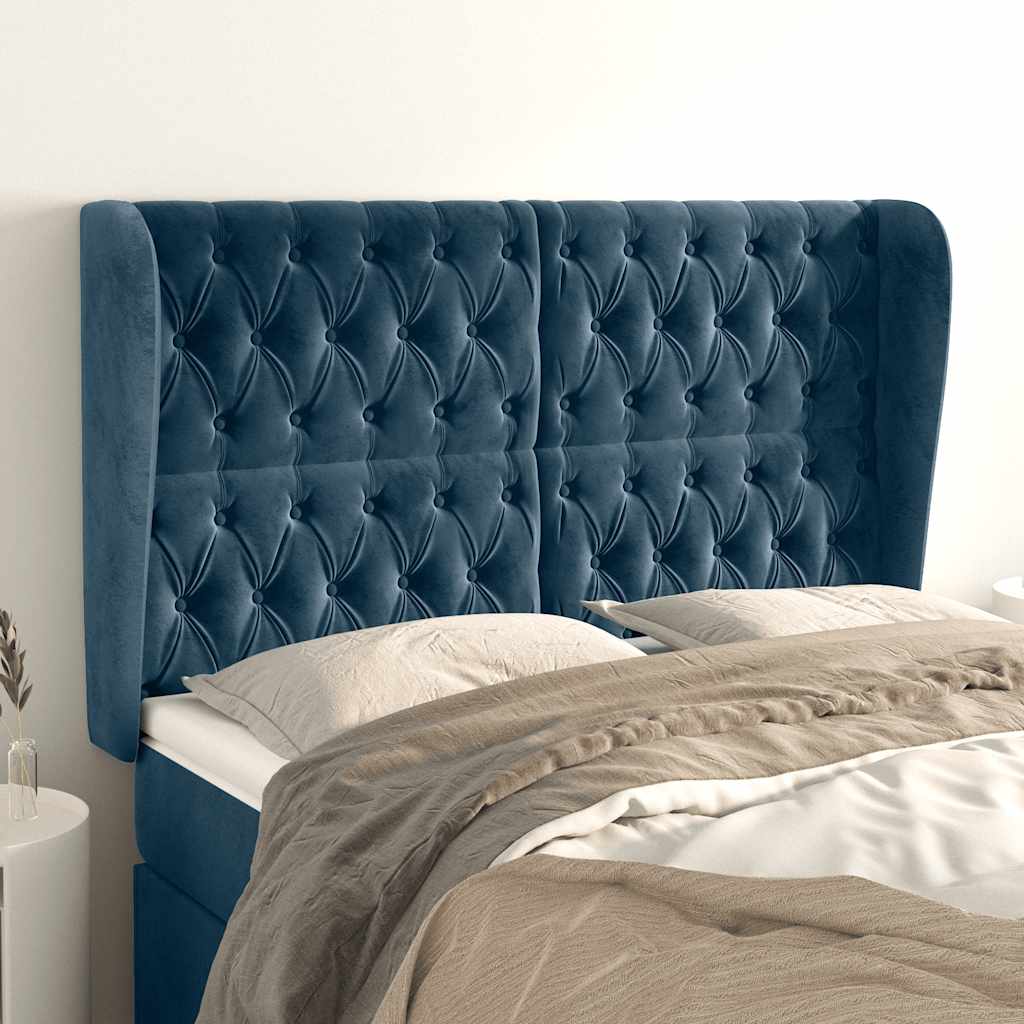 sengegavl med kanter 147x23x118/128 cm fløjl mørkeblå
