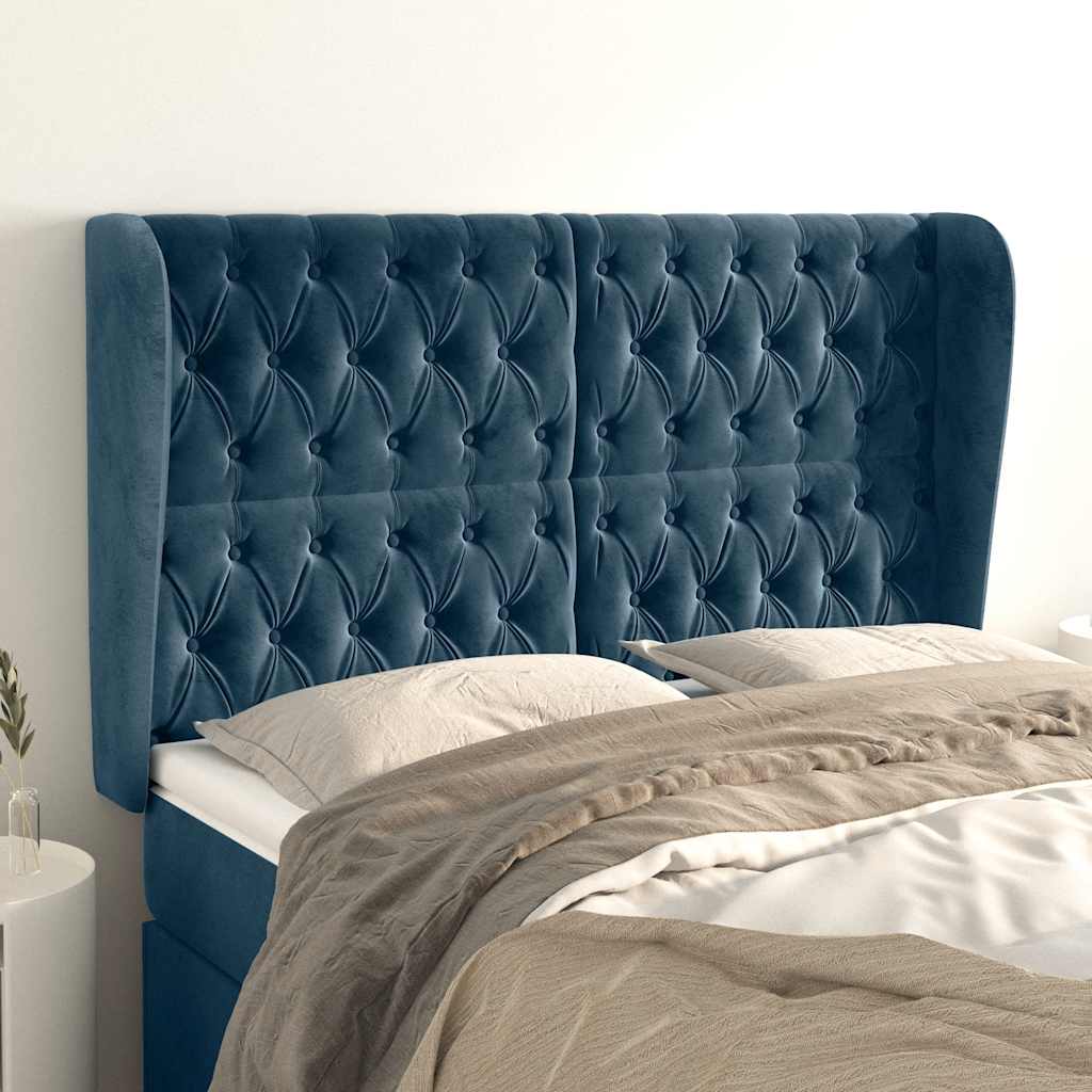 sengegavl med kanter 163x23x118/128 cm fløjl mørkeblå