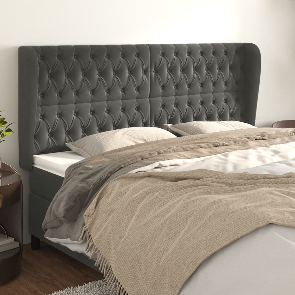 sengegavl med kanter 203x23x118/128 cm fløjl mørkegrå
