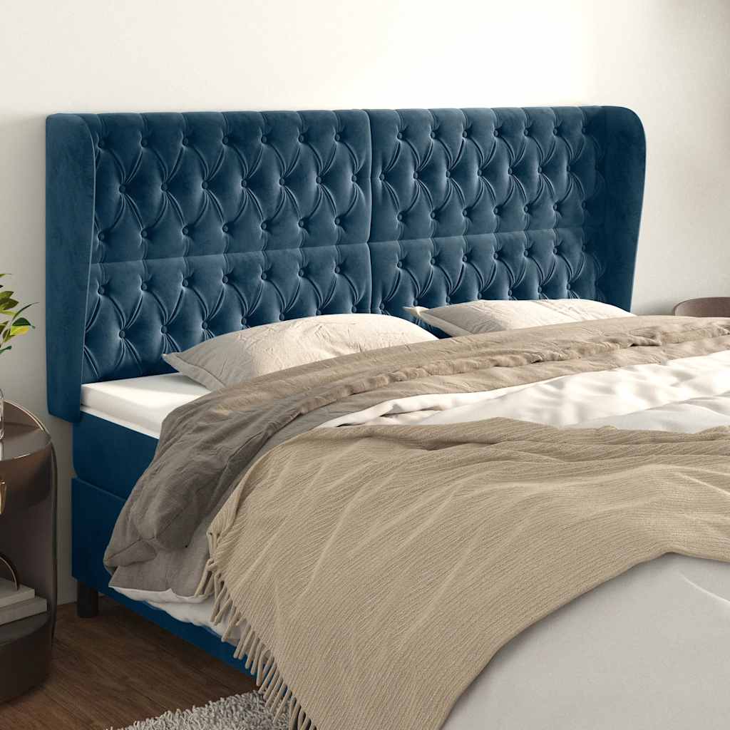 sengegavl med kanter 203x23x118/128 cm fløjl mørkeblå