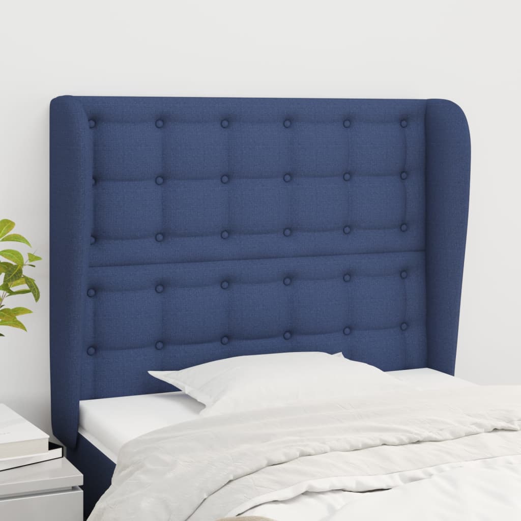 sengegavl med kanter 83x23x118/128 cm stof blå