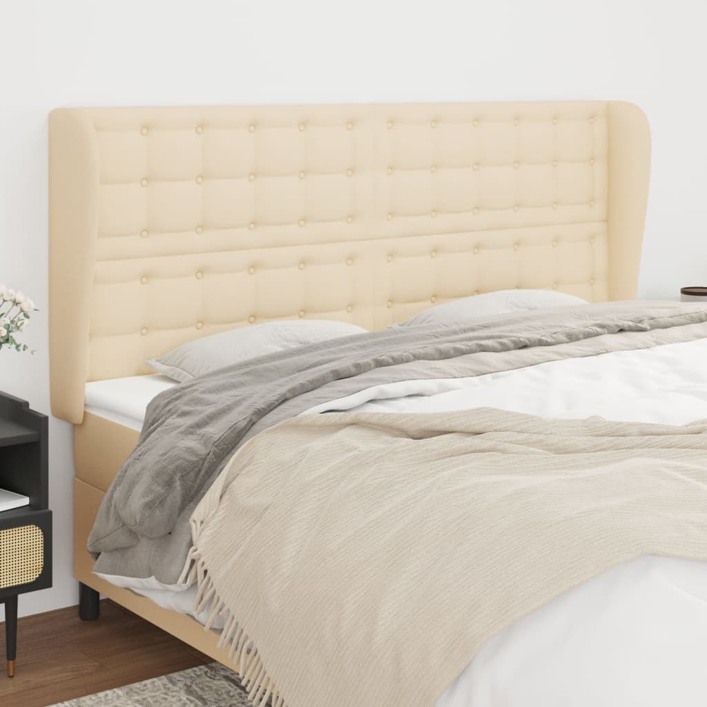 sengegavl med kanter 203x23x118/128 cm stof cremefarvet