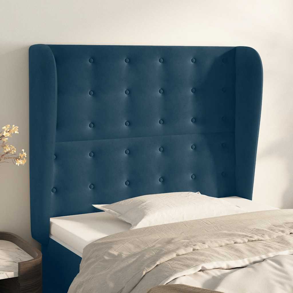 sengegavl med kanter 83x23x118/128 cm fløjl mørkeblå