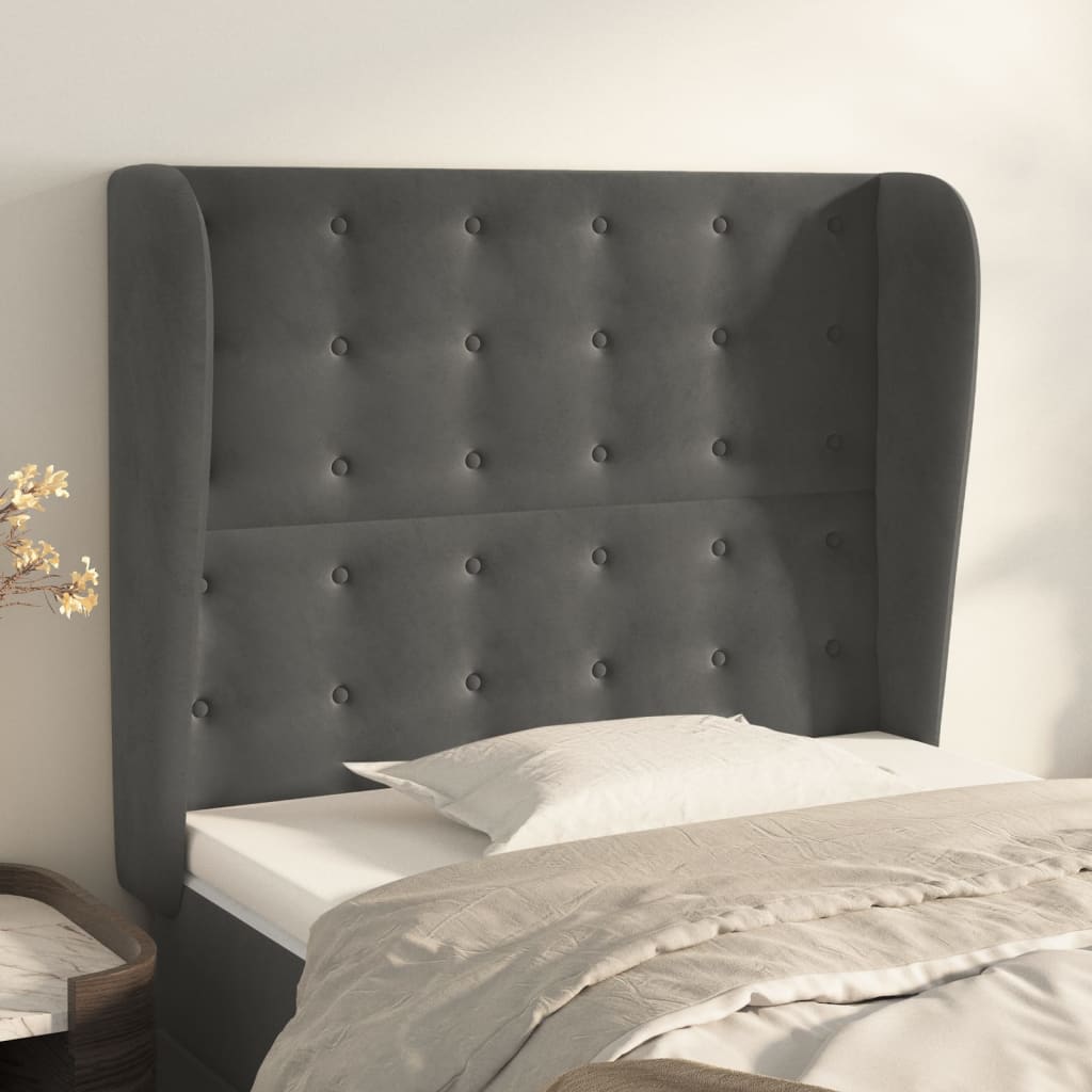 sengegavl med kanter 93x23x118/128 cm fløjl mørkegrå