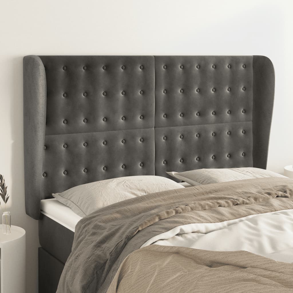 sengegavl med kanter 147x23x118/128 cm fløjl mørkegrå