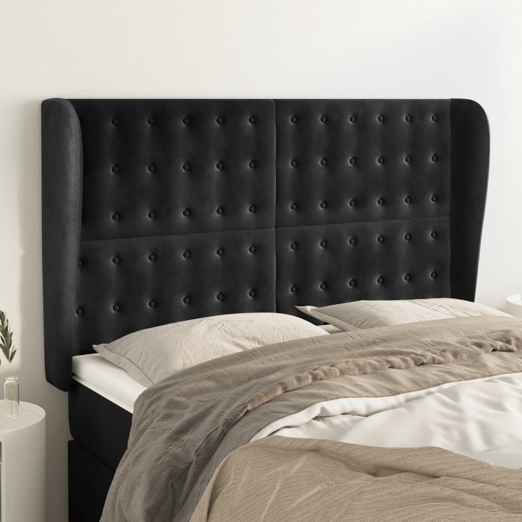 sengegavl med kanter 147x23x118/128 cm fløjl sort