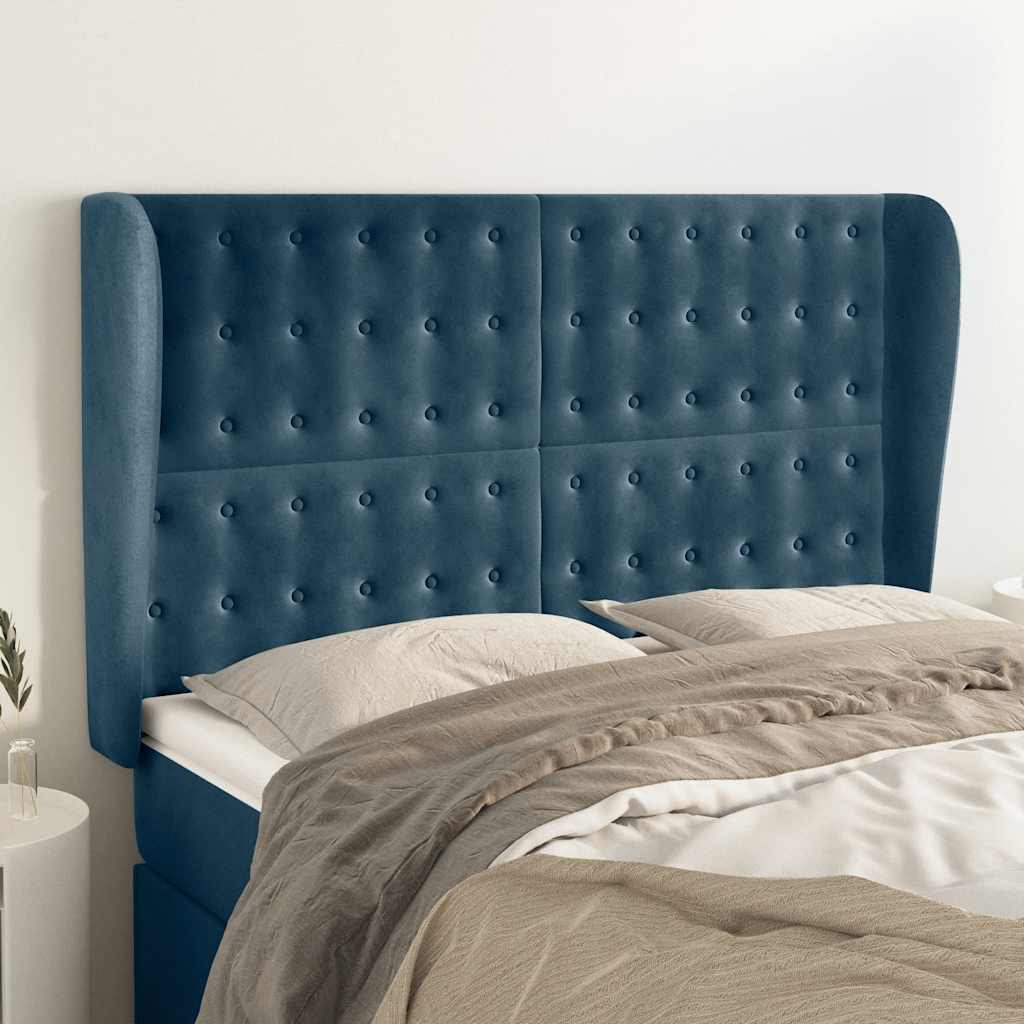 sengegavl med kanter 147x23x118/128 cm fløjl mørkeblå