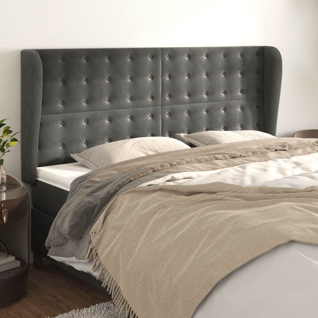 sengegavl med kanter 163x23x118/128 cm fløjl mørkegrå