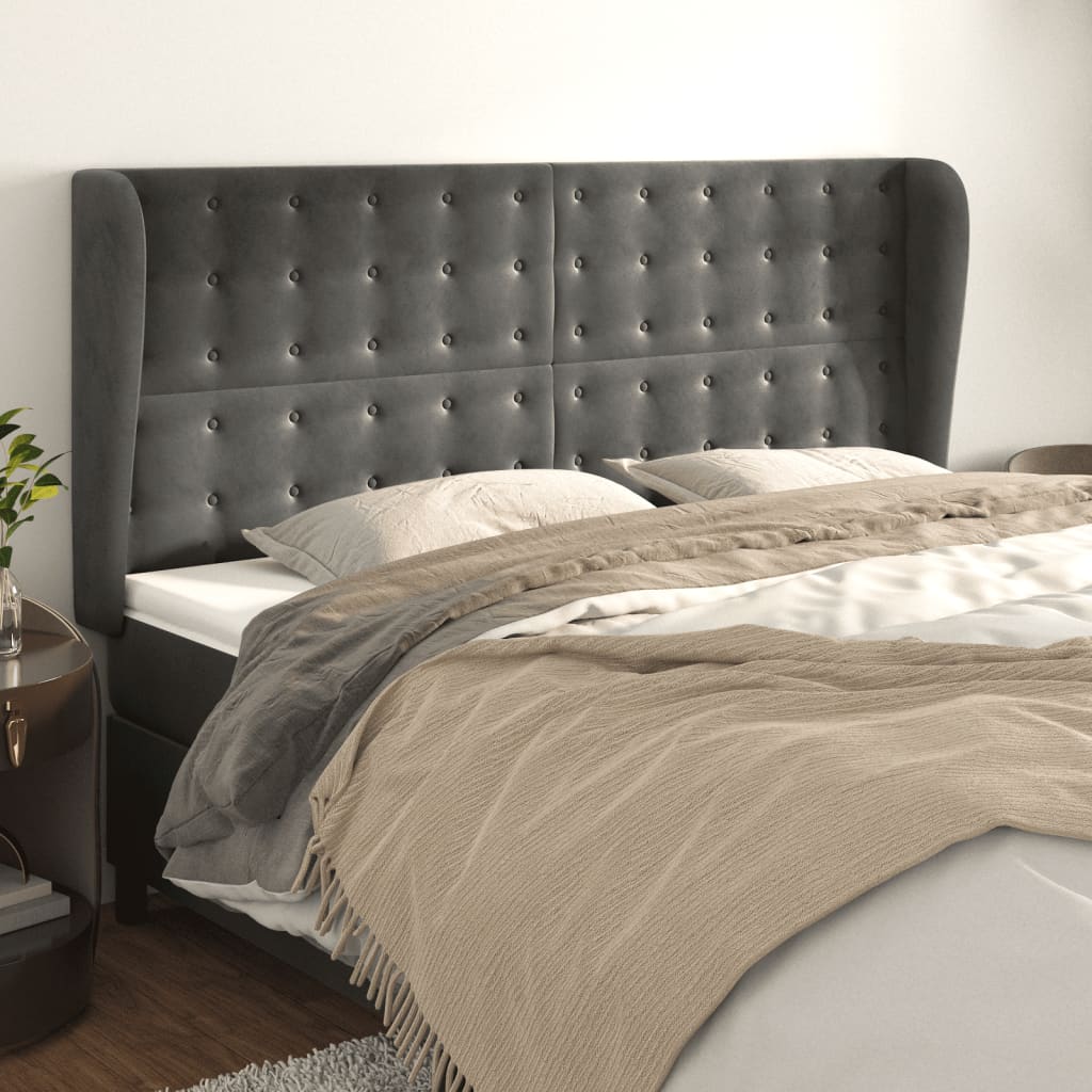 sengegavl med kanter 183x23x118/128 cm fløjl mørkegrå