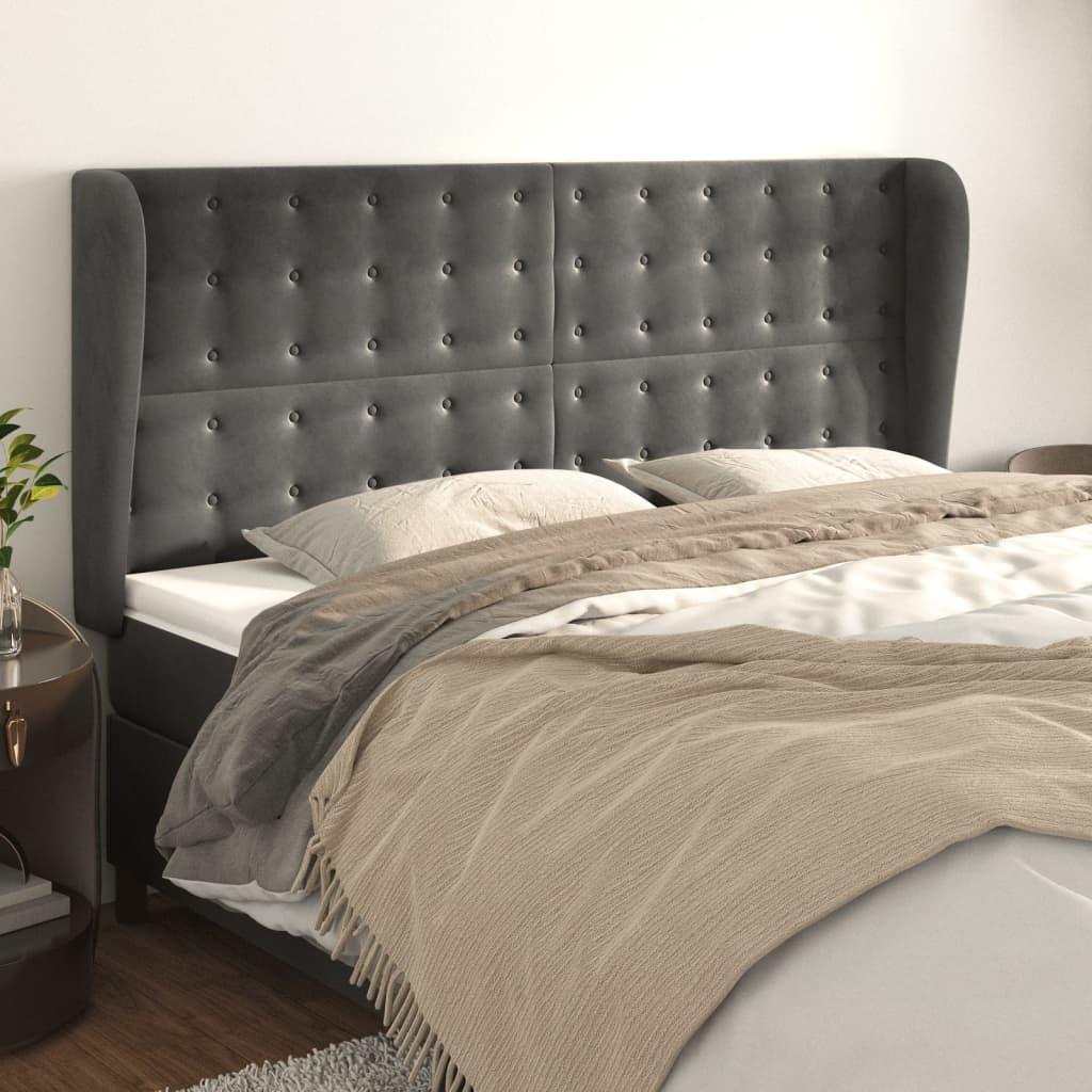 sengegavl med kanter 203x23x118/128 cm fløjl mørkegrå