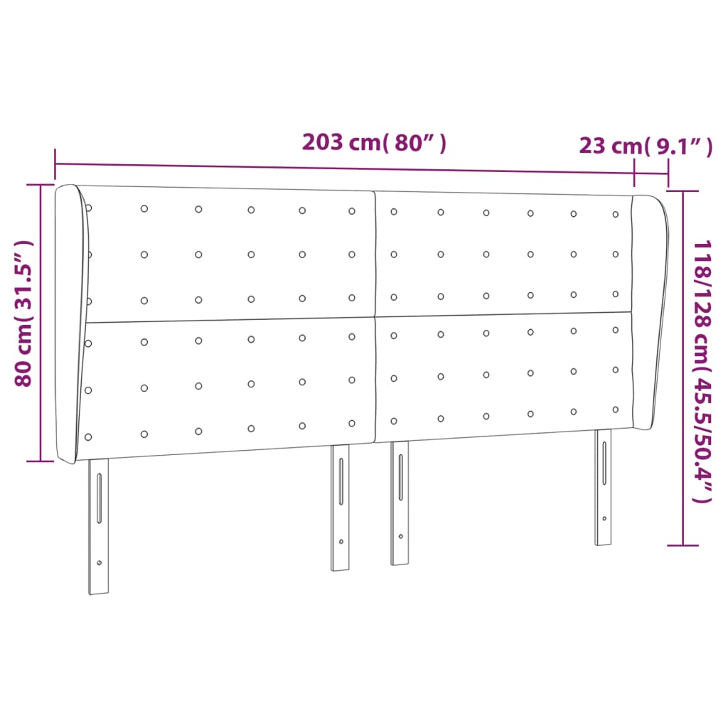 sengegavl med kanter 203x23x118/128 cm fløjl sort