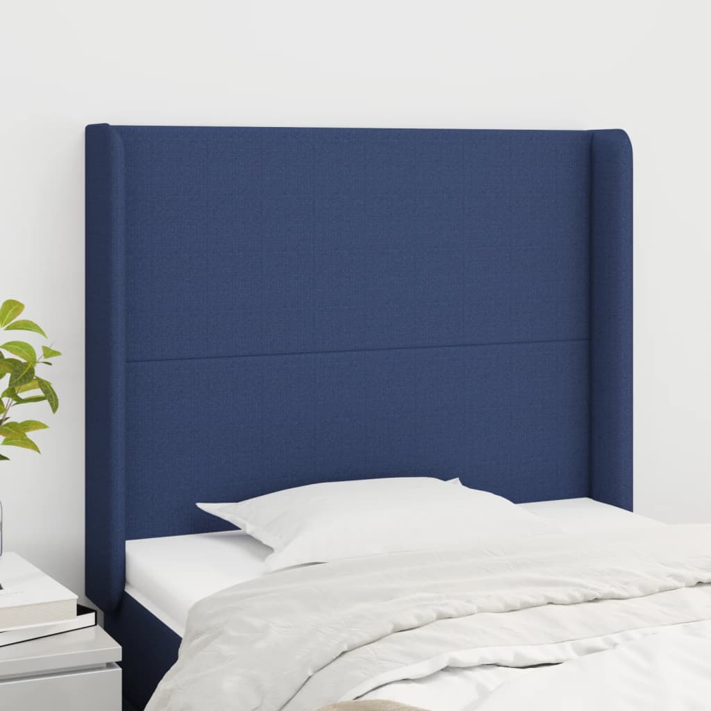 sengegavl med kanter 93x16x118/128 cm stof blå