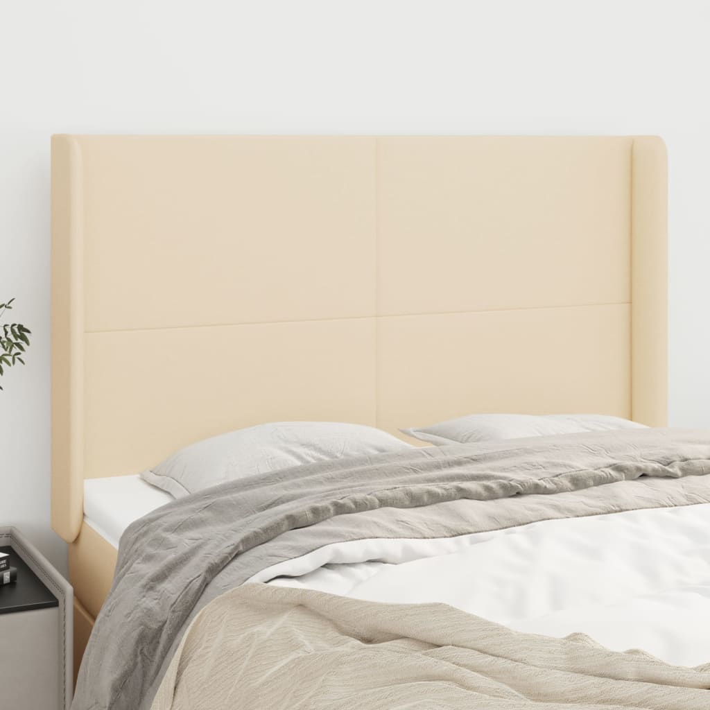 sengegavl med kanter 147x16x118/128 cm stof cremefarvet