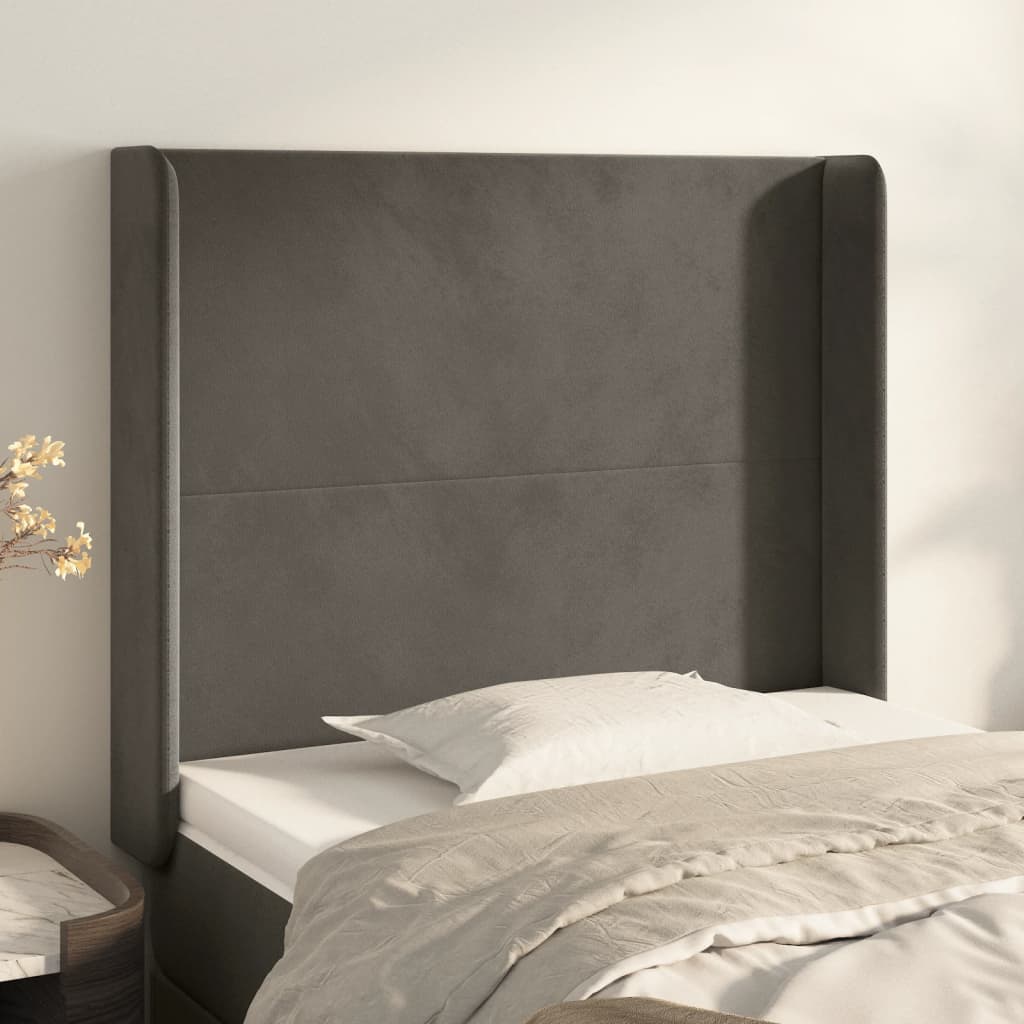 sengegavl med kanter 83x16x118/128 cm fløjl mørkegrå