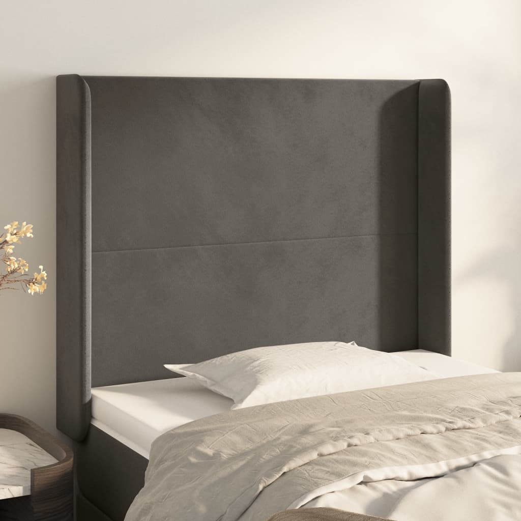 sengegavl med kanter 93x16x118/128 cm fløjl mørkegrå