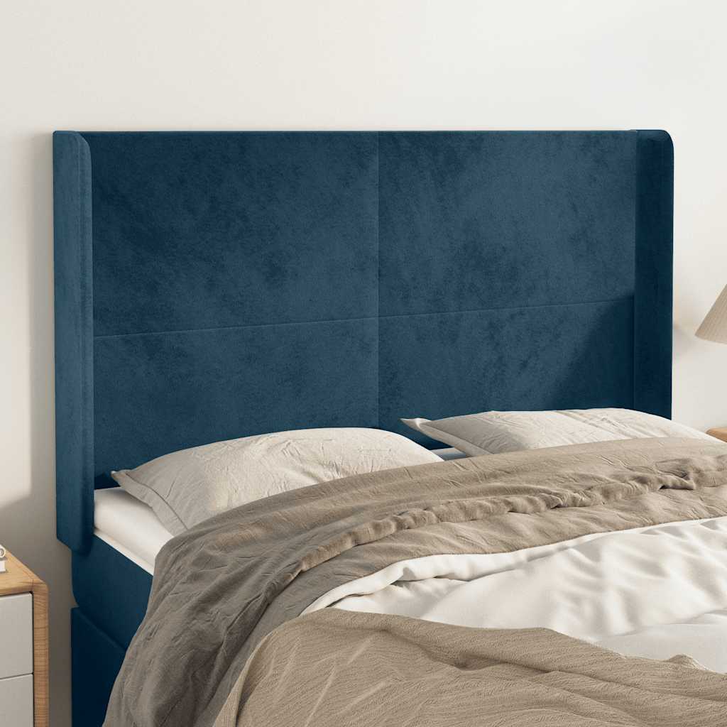 sengegavl med kanter 147x16x118/128 cm fløjl mørkeblå