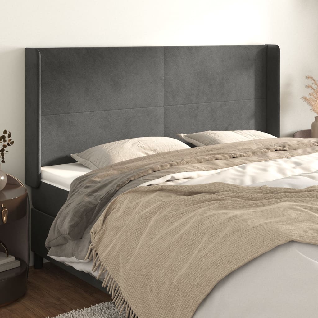 sengegavl med kanter 203x16x118/128 cm fløjl mørkegrå