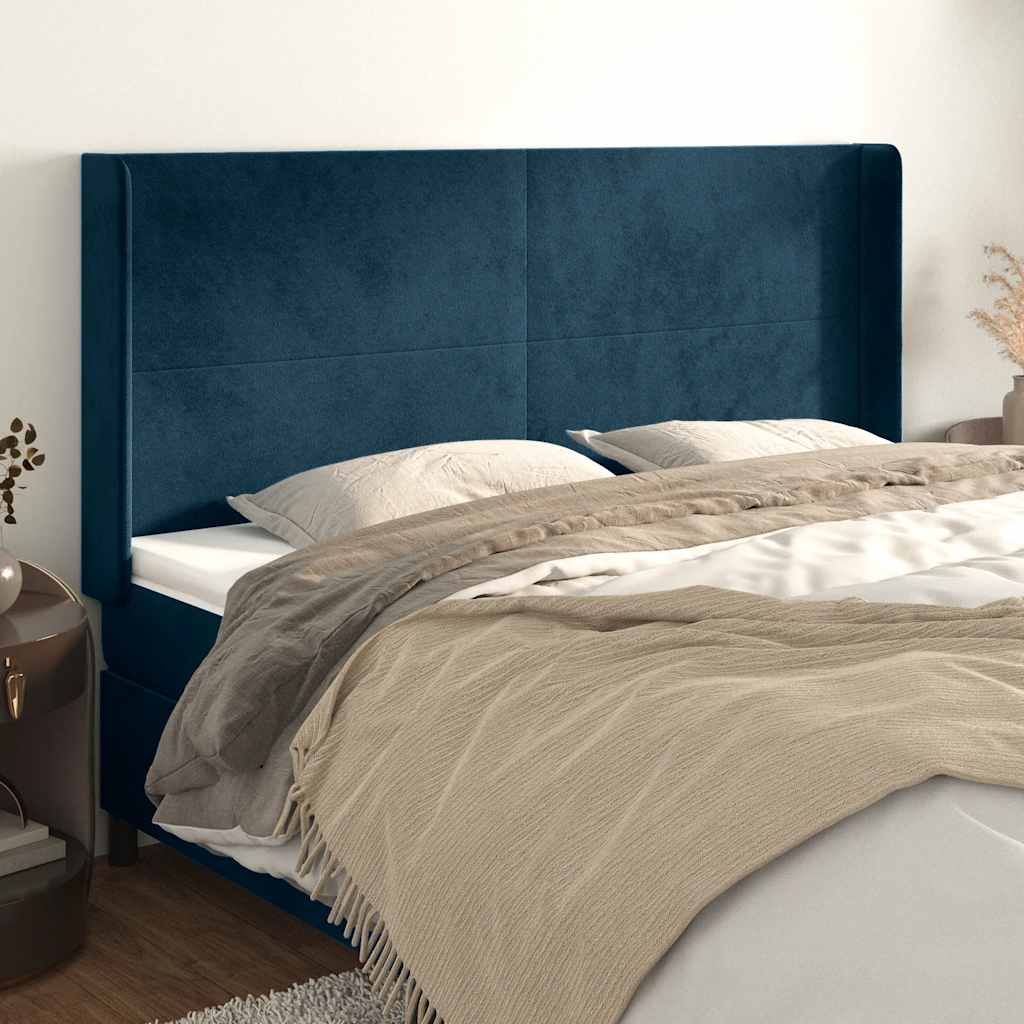 sengegavl med kanter 203x16x118/128 cm fløjl mørkeblå