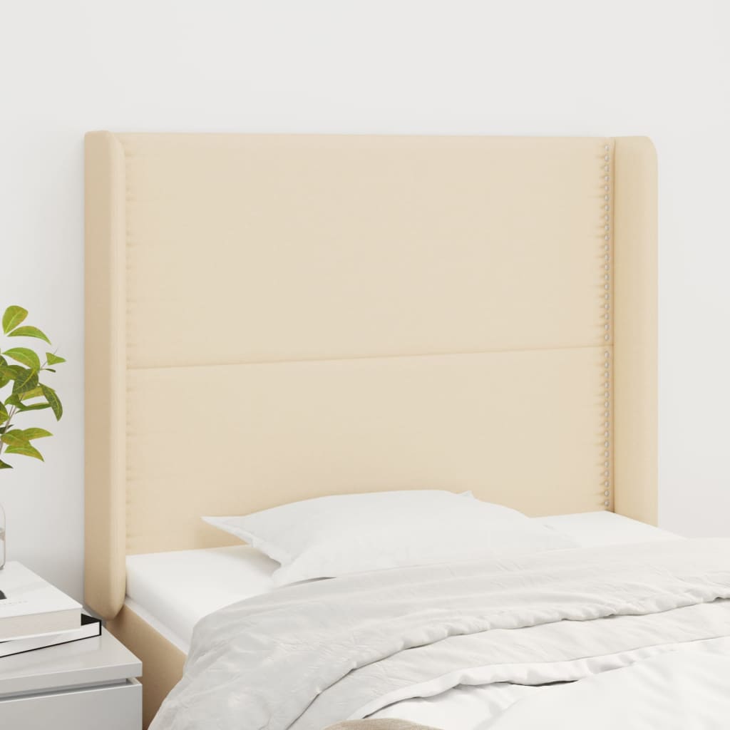 sengegavl med kanter 103x16x118/128 cm stof cremefarvet