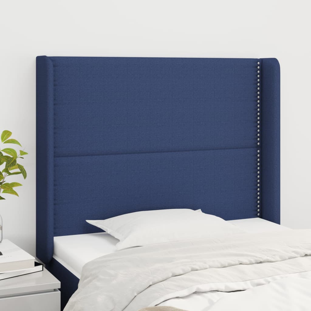 sengegavl med kanter 103x16x118/128 cm stof blå