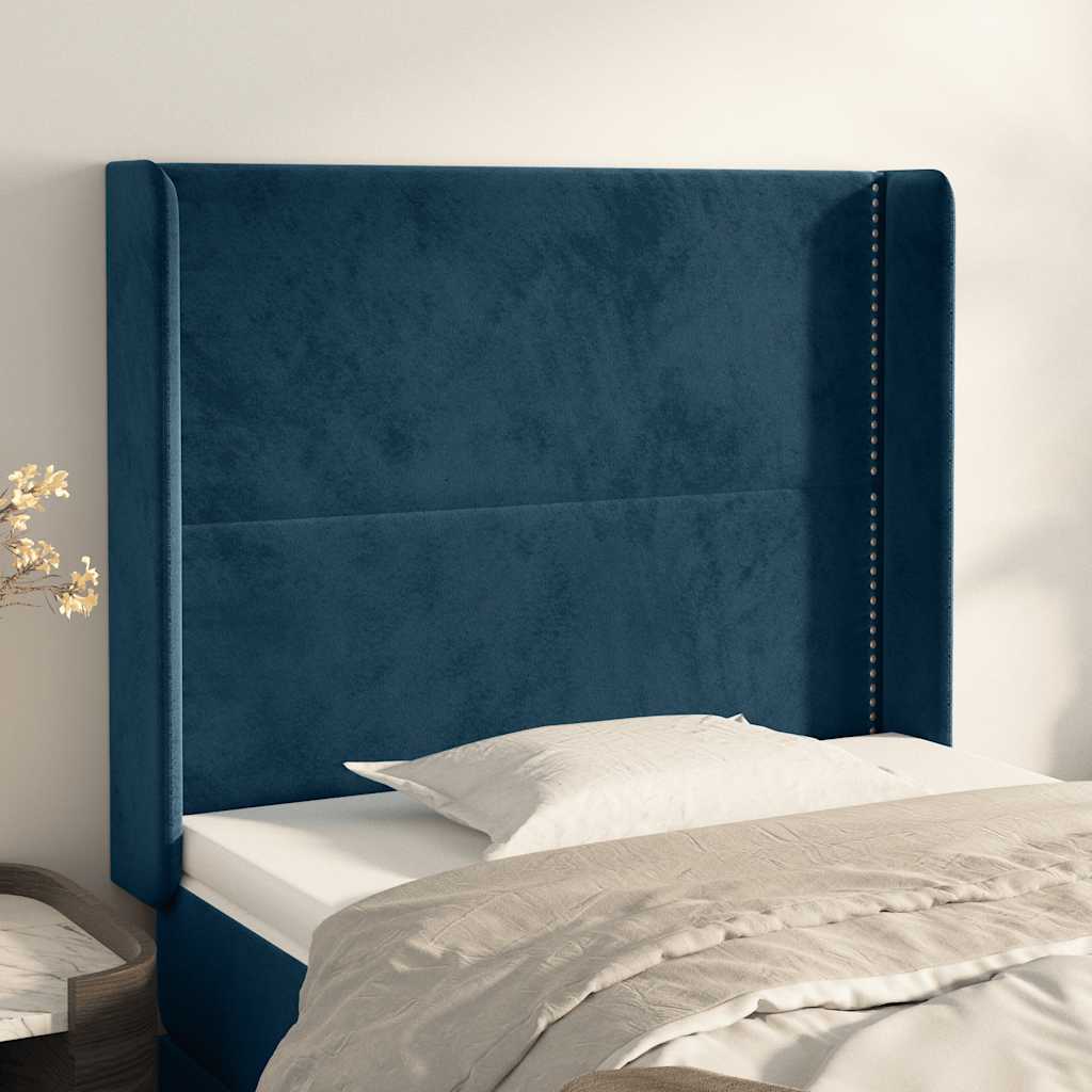 sengegavl med kanter 103x16x118/128 cm fløjl mørkeblå