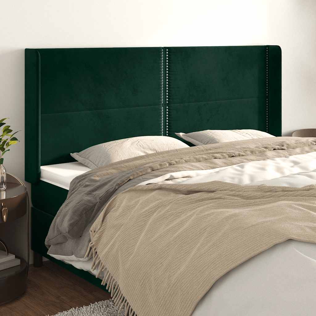 sengegavl med kanter 203x16x118/128 cm fløjl mørkegrøn
