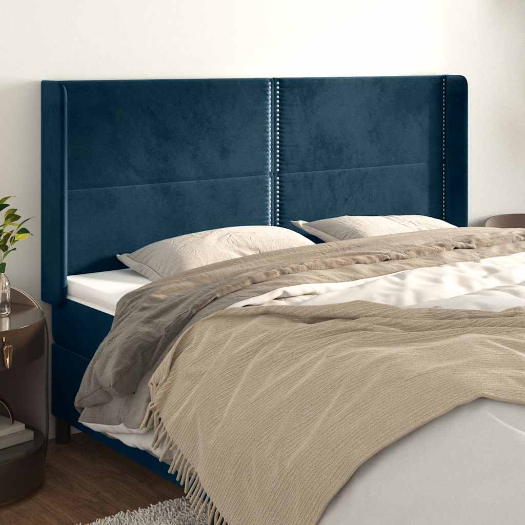 sengegavl med kanter 203x16x118/128 cm fløjl mørkeblå