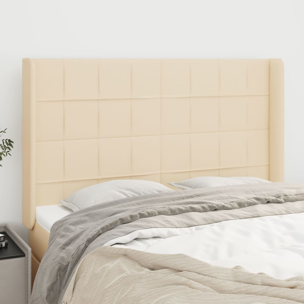 sengegavl med kanter 147x16x118/128 cm stof cremefarvet