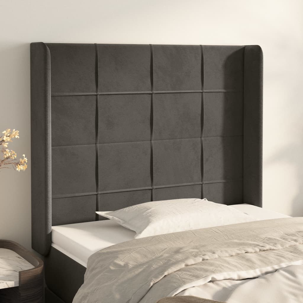 sengegavl med kanter 103x16x118/128 cm fløjl mørkegrå