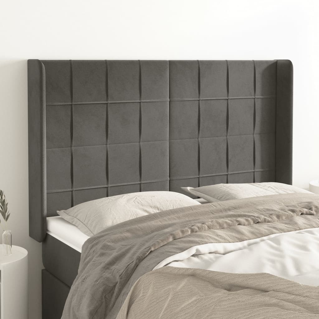 sengegavl med kanter 147x16x118/128 cm fløjl mørkegrå