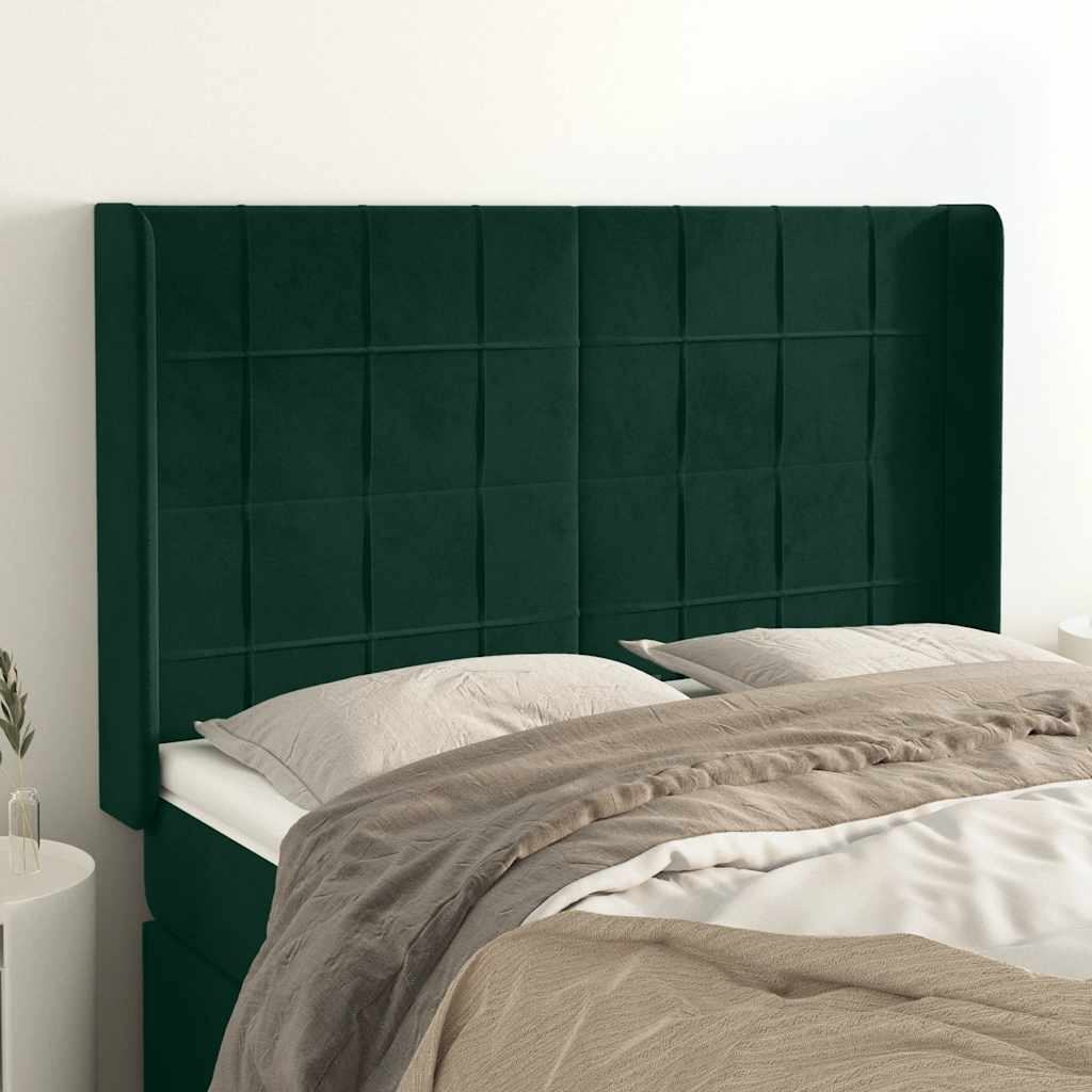 sengegavl med kanter 147x16x118/128 cm fløjl mørkegrøn