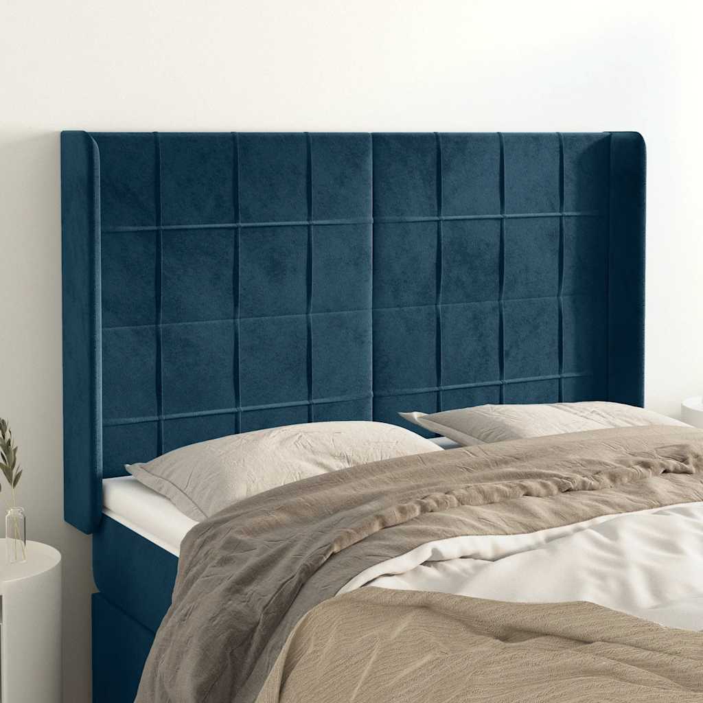 sengegavl med kanter 147x16x118/128 cm fløjl mørkeblå