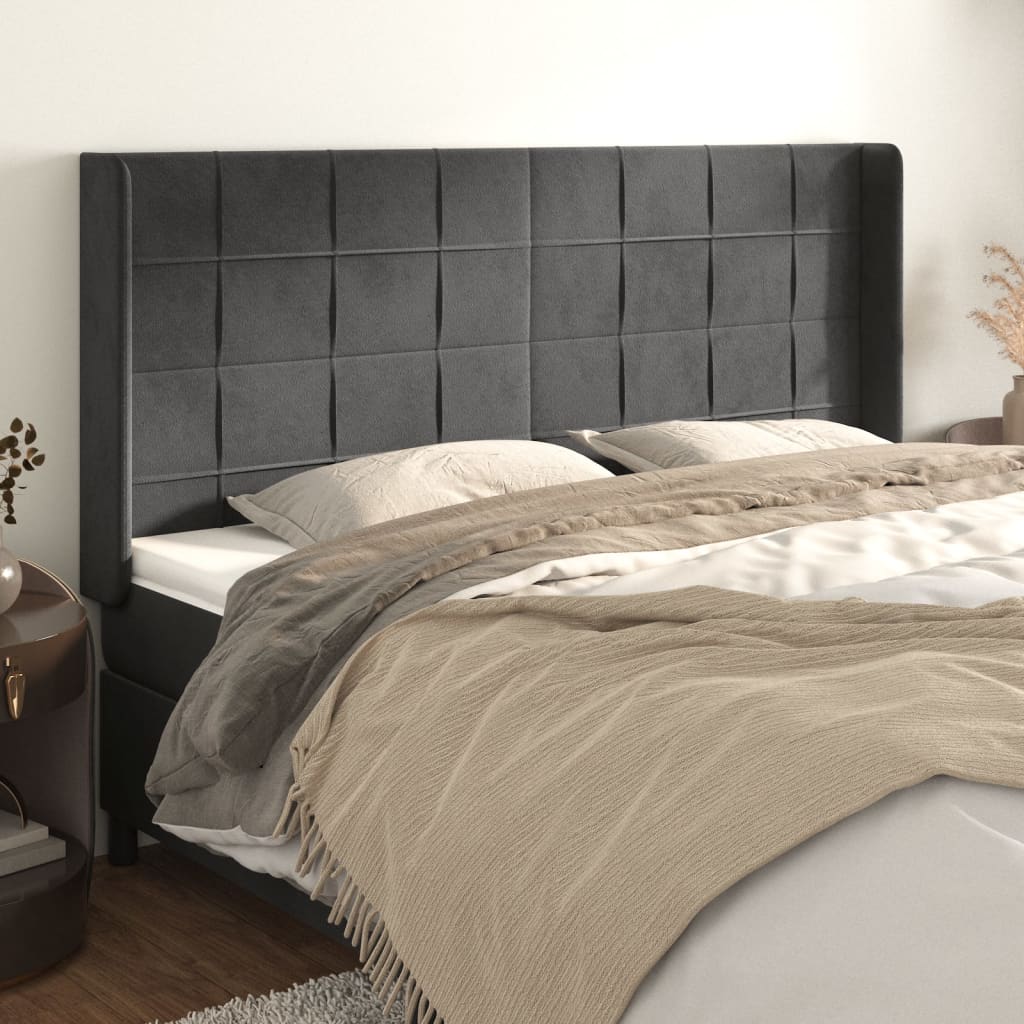 sengegavl med kanter 203x16x118/128 cm fløjl mørkegrå