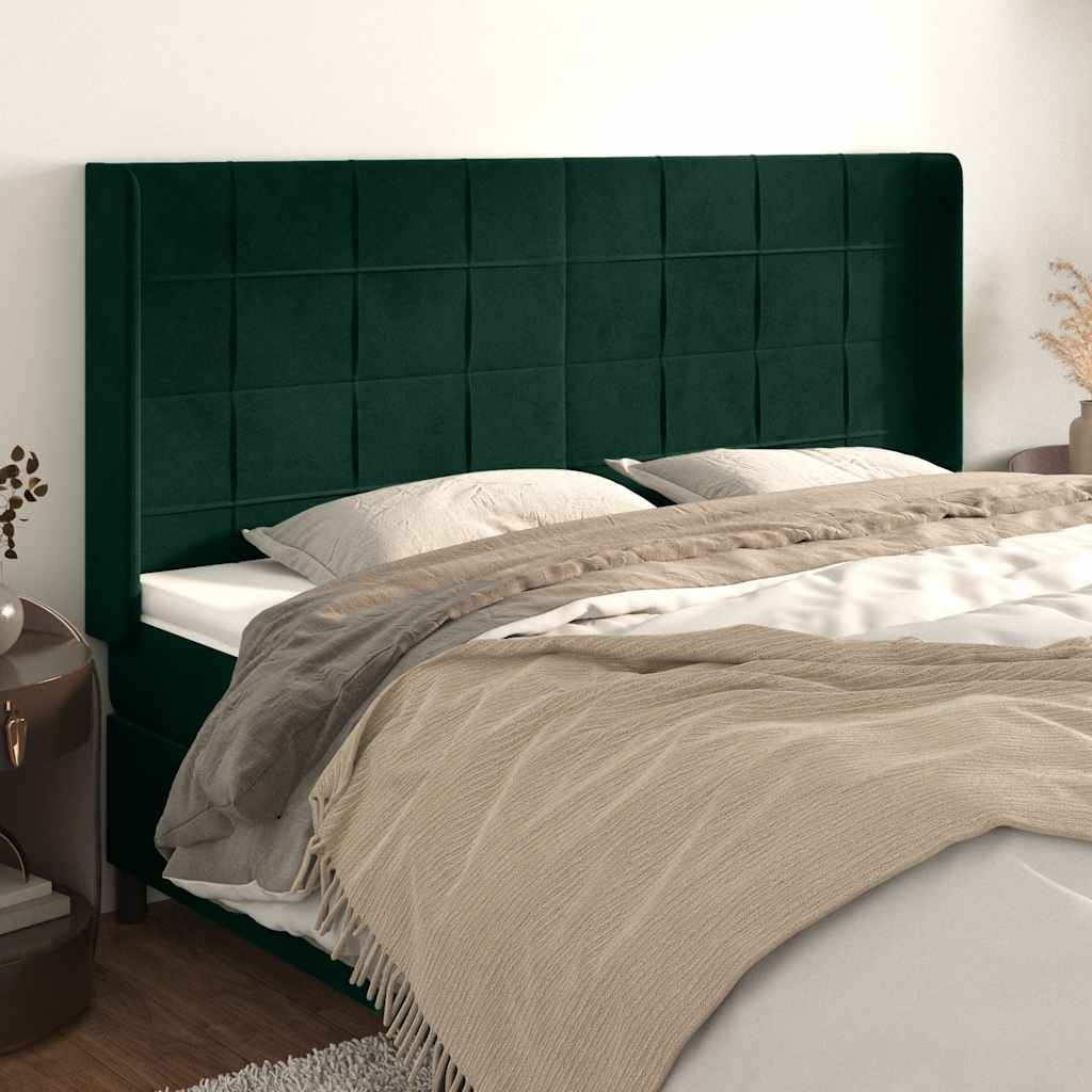 sengegavl med kanter 203x16x118/128 cm fløjl mørkegrøn