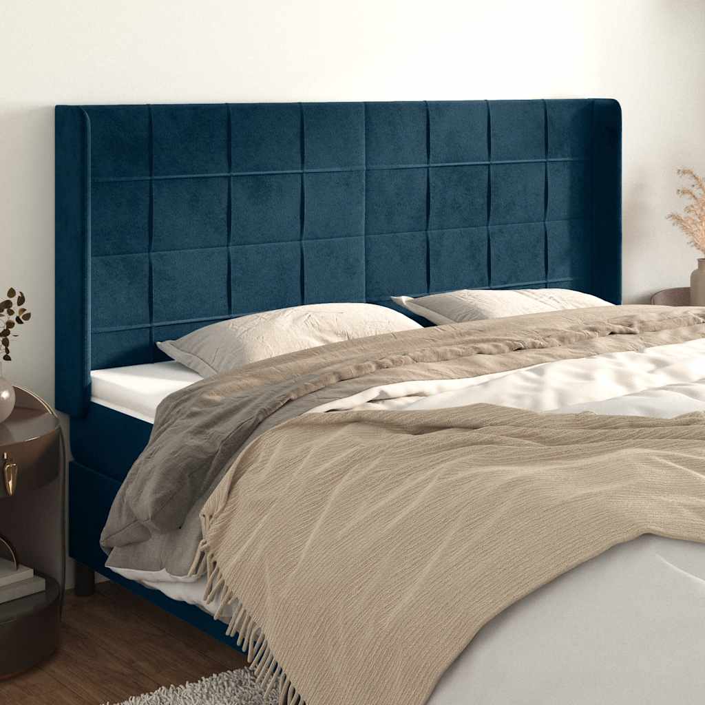 sengegavl med kanter 203x16x118/128 cm fløjl mørkeblå