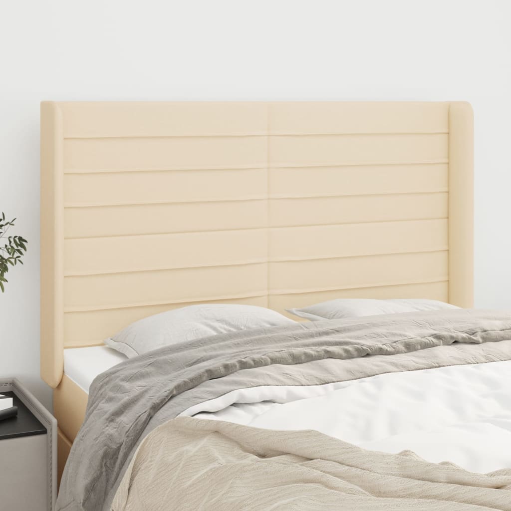 sengegavl med kanter 147x16x118/128 cm stof cremefarvet