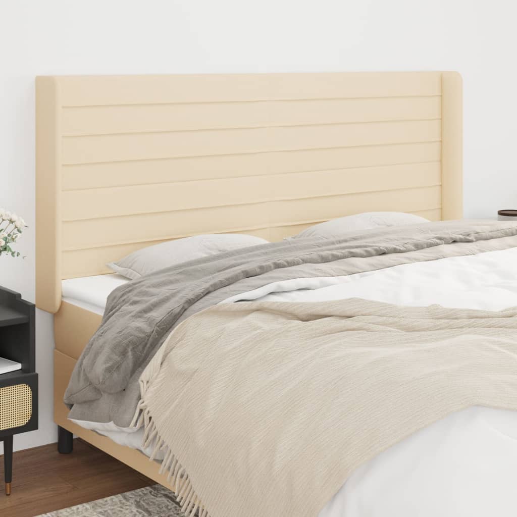 sengegavl med kanter 203x16x118/128 cm stof cremefarvet