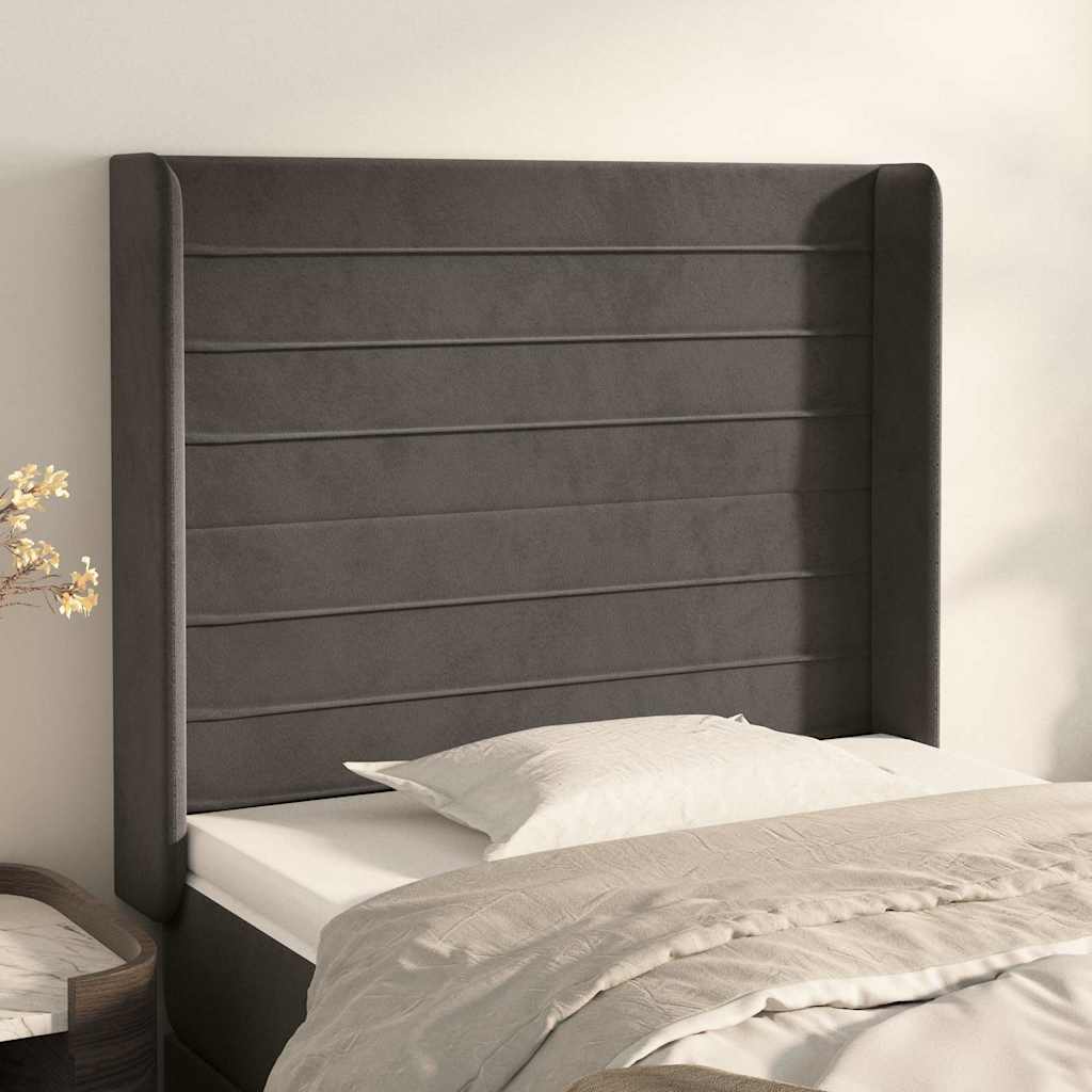sengegavl med kanter 83x16x118/128 cm fløjl mørkegrå