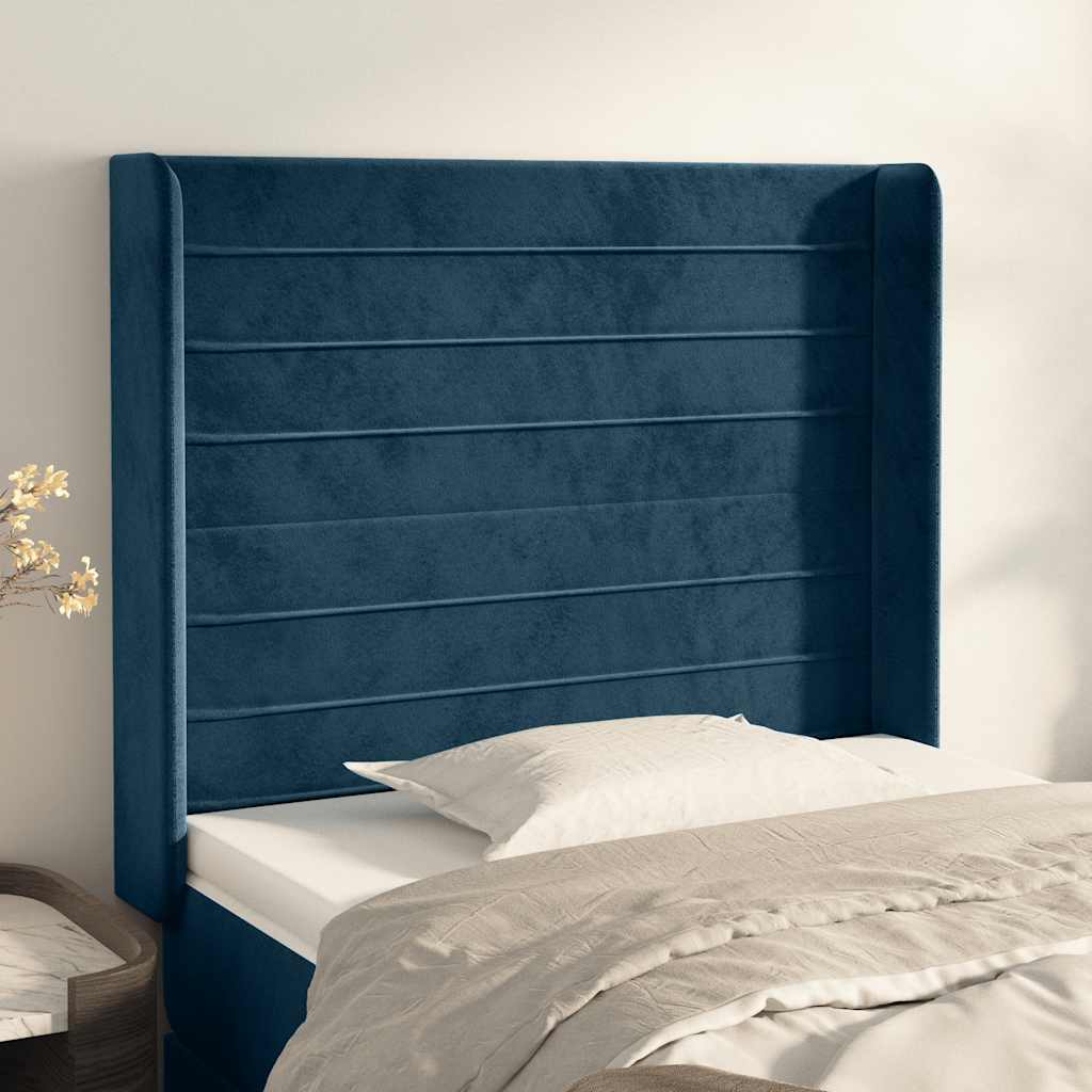 sengegavl med kanter 83x16x118/128 cm fløjl mørkeblå