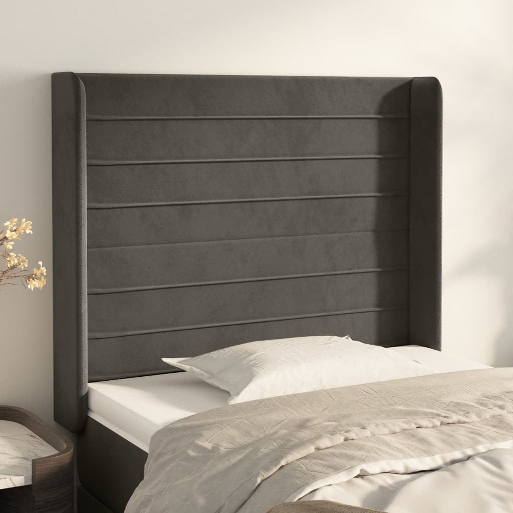 sengegavl med kanter 103x16x118/128 cm fløjl mørkegrå