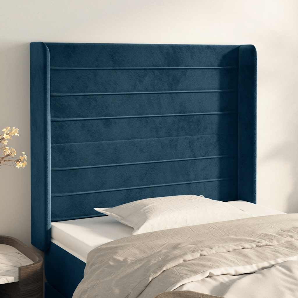 sengegavl med kanter 103x16x118/128 cm fløjl mørkeblå