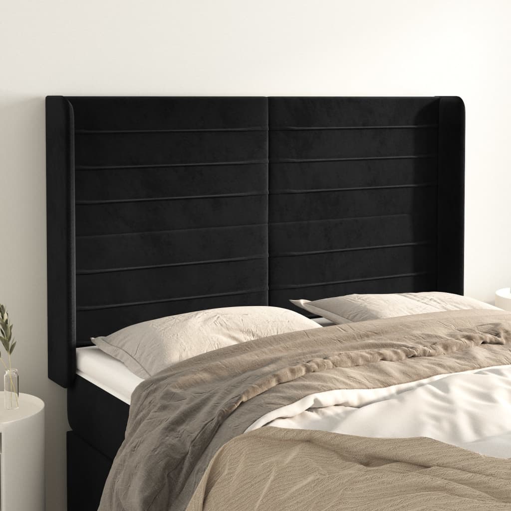 sengegavl med kanter 147x16x118/128 cm fløjl sort