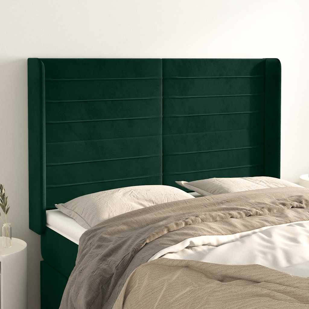 sengegavl med kanter 147x16x118/128 cm fløjl mørkegrøn