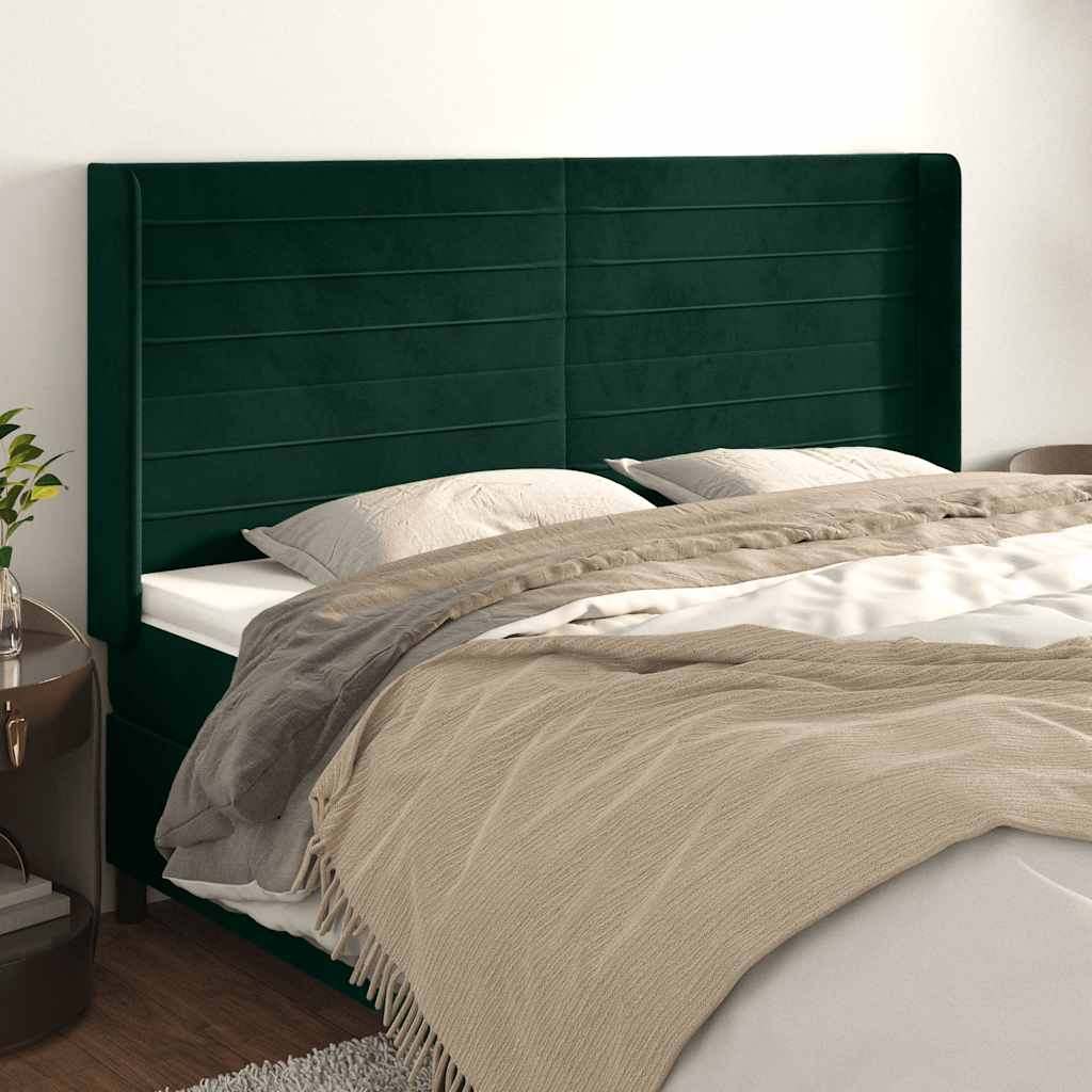 sengegavl med kanter 163x16x118/128 cm fløjl mørkegrøn