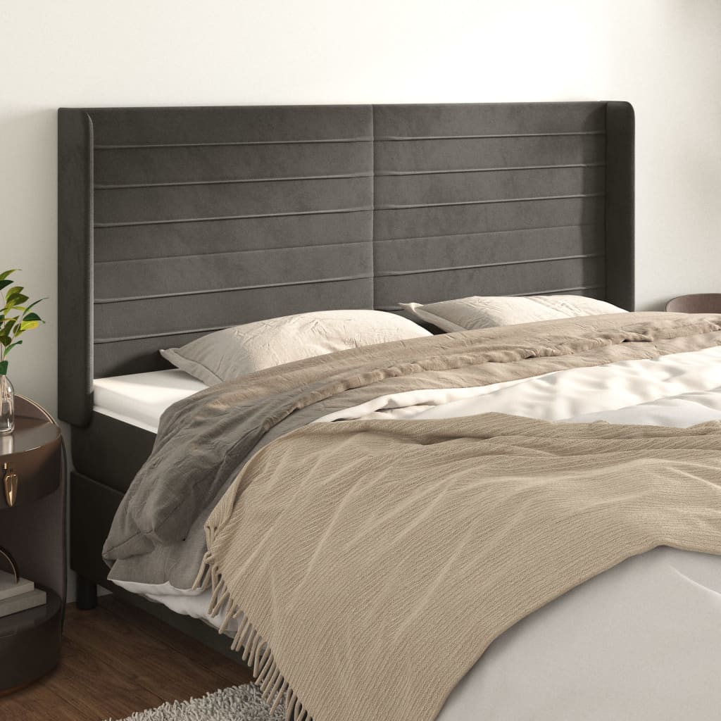sengegavl med kanter 203x16x118/128 cm fløjl mørkegrå