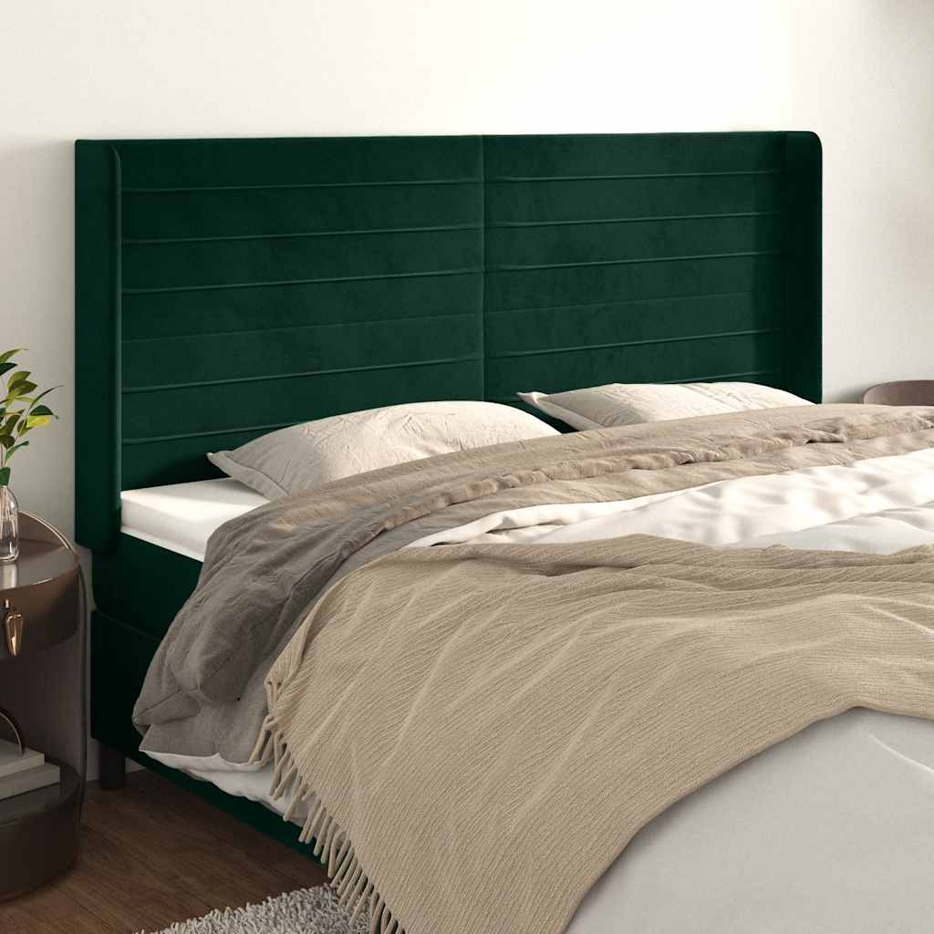 sengegavl med kanter 203x16x118/128 cm fløjl mørkegrøn