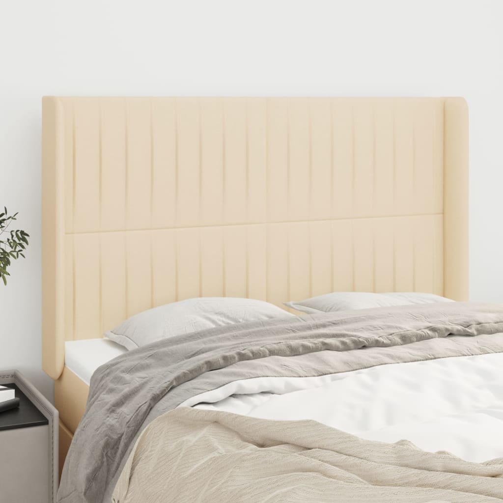 sengegavl med kanter 147x16x118/128 cm stof cremefarvet