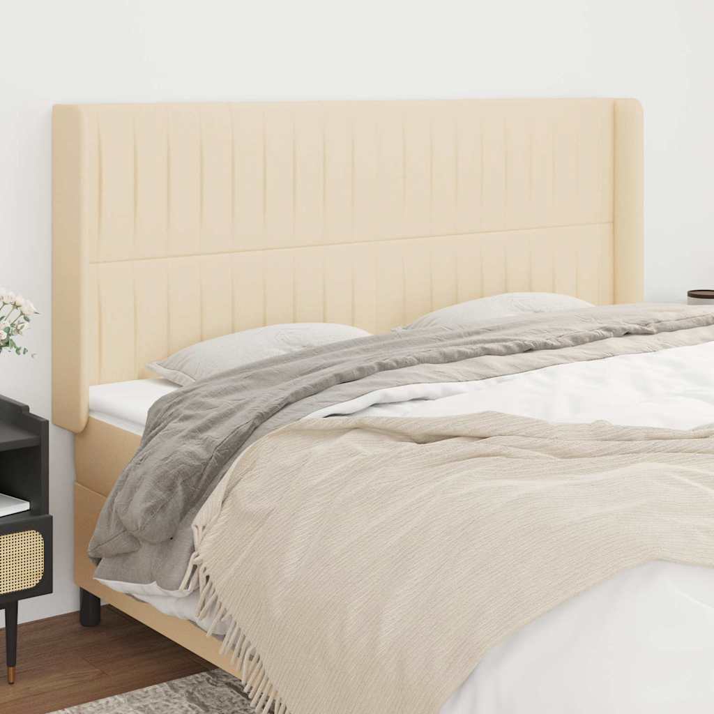 sengegavl med kanter 163x16x118/128 cm stof cremefarvet