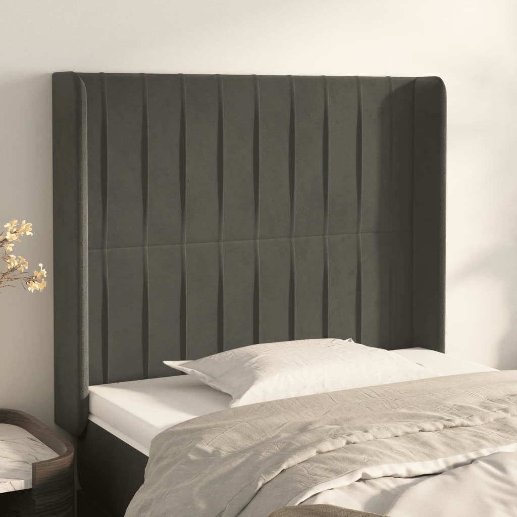 sengegavl med kanter 83x16x118/128 cm fløjl mørkegrå