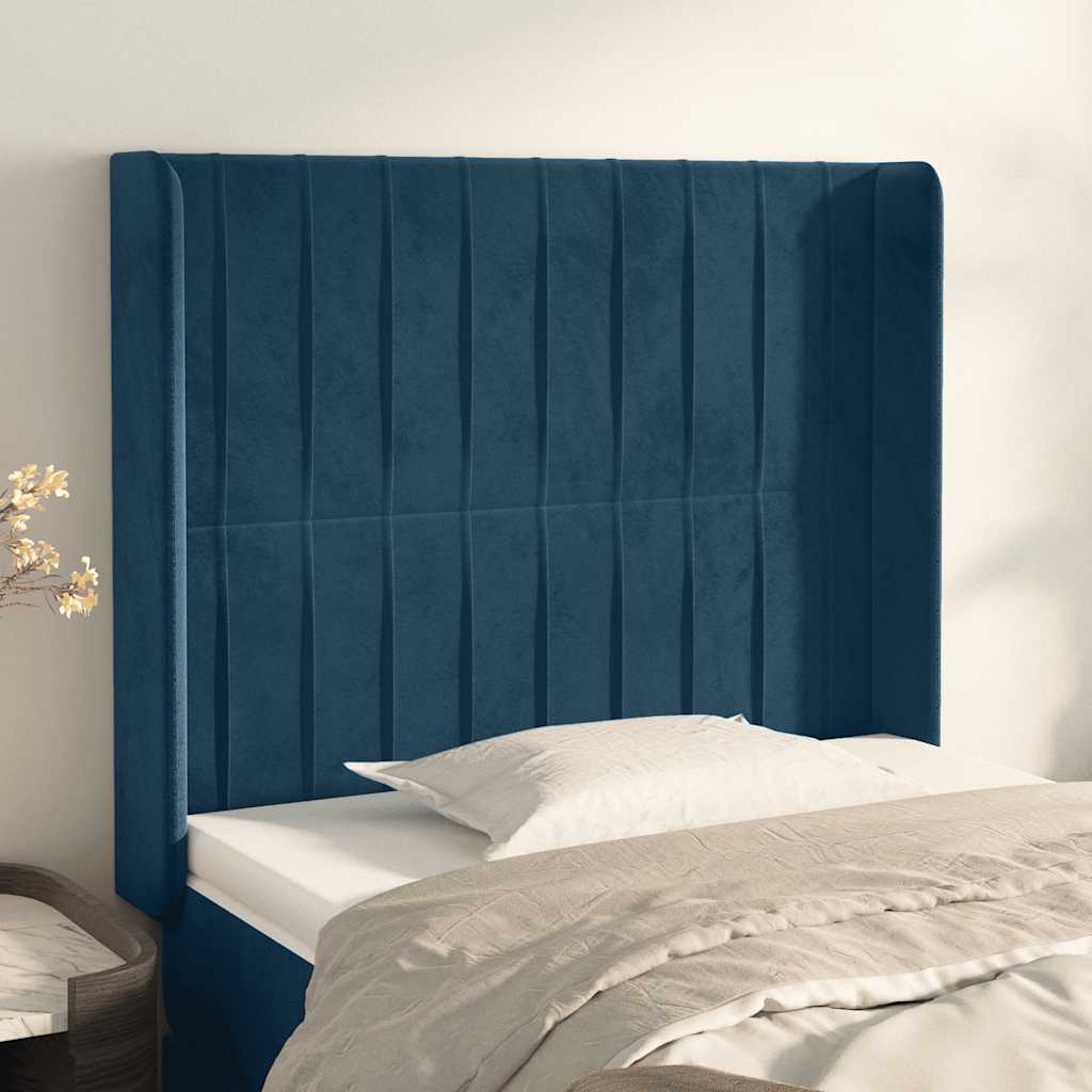 sengegavl med kanter 93x16x118/128 cm fløjl mørkeblå